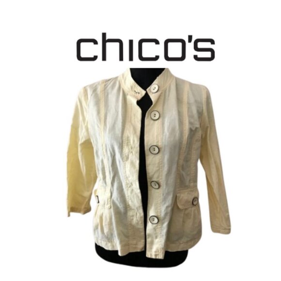 Chicos Women's Blazer/Jacket Pale Yellow Linen Lightweight Big Button Size Small - Picture 10 of 11